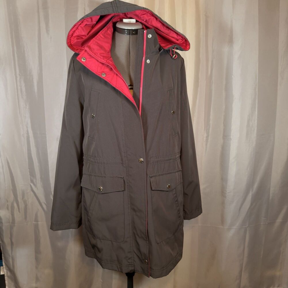 Nautica Womens Gray Water Resistant Jacket Hooded Full Zip Rain Parka Large Line